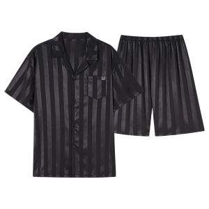 miiow | Mens Ice Silk Sleepwear Short Sleeve Thin Home Clothes Set Large Size Summer Casual Polyester Fiber Comfortable Breathable