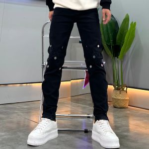 High-End Black Mens Slim Fit Jeans Metal Zipper Decoration High Elasticity Casual Long Pants Autumn New Style Fashionable Cotton Stretch Denim