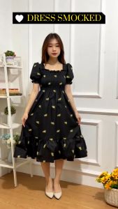 GW - Dress Smocked / Korean Dress Wanita Lengan Pendek Dress Motif Bunga Model Tali Belakang