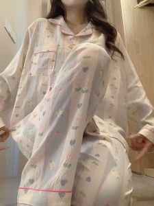แขนยาว+ขายาว ดนอนคอตตอนนุ่มเมฆ ใส่สบาย ระบายอากาศดี Summer Pajamas Set Women