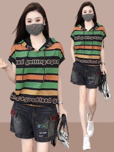 Shalldoer | ชุดเดรสยีนส์ขาบานฤดูร้อนสำหรับผู้หญิง แขนสั้นลายทาง กระโปรงสั้น กางเกงขายาว ชุดสองชิ้น แฟชั่นสตรีทสไตล์ เอวสูง แขนสั้น ปิดด้วยซิป