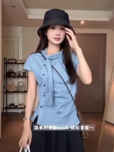 Áo Sơ Mi Nữ Tay Ngắn Họa Tiết Sọc Kiểu Pháp Không Đều Áo Sơ Mi Nữ Mùa Hè Áo Sơ Mi Nữ Tay Dài Nhỏ Bay Bổng