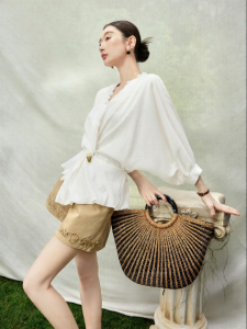 SUSHE | French Lace V-Neck Puff Sleeve Twisted Waist Blouse Shirt White