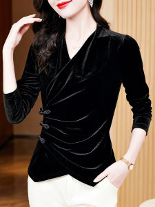 Elegant V-Neck Velvet T-Shirt Womens Autumn New Style Noble Fashion Button up Black Base Shirt Inner Wear Top Korean Style
