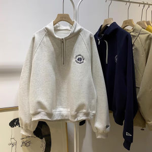 Stylish Niche Style Machine Embroidery Long Sleeves Sweatshirt Womens Spring and Autumn K-style Loose Polo Collar Half Zipper Tops Tide