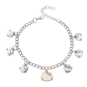 Sanrio | Cute Hello Kitty Chain Bracelet Zinc Alloy with Multiple Kitty Head Charms Silver Tone Adjustable Wristband Jewelry