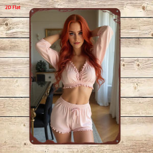 Metal Tin Sign Redhead Lady Pink Ruffle Loungewear Indoor Dining Room Rustic Wall Tin Plaque
