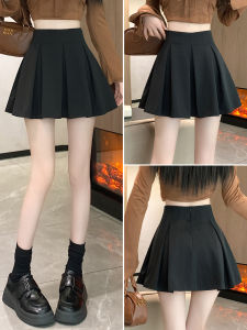 Black A-Line Mini Skirt Womens Autumn Winter New High Waist Pleated Skirt Short Length Polyester Fiber Fashionable Short Skirt