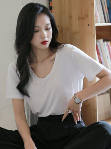 White Loose Fit Short Sleeve V-Neck Modal T-Shirt Womens Summer Slimming Base Shirt Low Cut Ice Silk Mask Modale Top