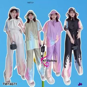 P14671 Set 3 ชิ้น เสื้อแขนสั้นกุ้นคอ+กางเกงขายาว+หมวก ลายไฟรุ้ง