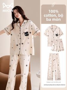 MiiOW | Bộ đồ ngủ cotton nguyên chất MiiOW dành cho nữ mùa xuân hè tay ngắn quần dài thiết kế hoạt hình dễ thương bộ đồ mặc nhà ba mảnh