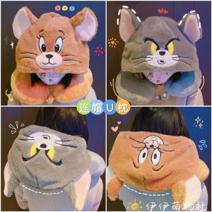 Cute Tom And Jerry Cat And Mouse U-Shaped Neck Pillow with Hood for Travel Car Airplane Portable Cotton Filled Adult Pillow