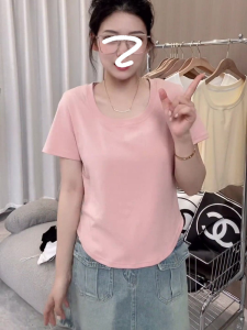 plus Size U-Neck Short Sleeve Knitted T-Shirt Women Summer Slimming Inner Wear Base Shirt Top Commute Style Regular Length