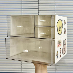 กล่องเก็บเครื่องสําอางอะคริลิคโปร่งใสป้องกันฝุ่นสําหรับโต๊ะทํางานในหอพักด้วยลิ้นชักสไตล์มินิมอล