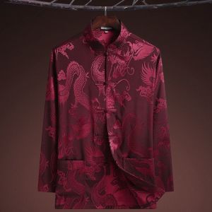 2024ปักลายมังกรชุดจีนผ้าไหมแขนยาวผ้าซาตินเสื้อเชิ้ตพลัสไซส์เครื่องแต่งกายแบบดั้งเดิมเสื้อตรุษจีนชุดจีนชุด CNY เสื้อสำหรับผู้ชายเสื้อคุณพ่อเสื้อคุณปู่เสื้อสำหรับตีแผ่