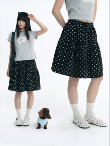 JNXS | Vintage High-Density Nylon Flared Skirt with Polka Dot Print