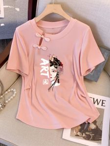 New Chinese Style Womens T-shirt Ice Silk Hollow out Loose Fit Design Sensation Button up plus Size Summer round Neck Short Sleeve