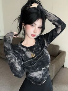 GUZILIAN | American Y2K Design Zipper Shoulder Long Sleeve T-Shirt Womens Autumn Retro Small Crowd Slimming Spicy Shoulder Pad Dyeing Top