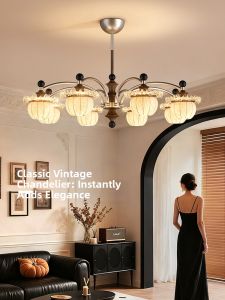 Smile | Vintage Style Walnut Colored Song Aesthetic Cloth Printing Crystal Luxurious Chandelier