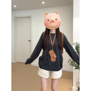 Áo Thun Nữ Dáng Rộng Dài Tay Kẻ Sọc Màu Tương Phản Phong Cách Hàn Quốc Mùa Thu Thường Ngày Dài Vừa Phải Cổ Tròn Không Có Nút Cài