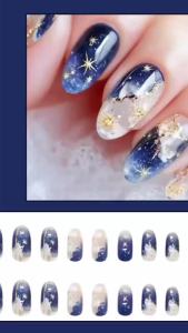 Medium fake nails for women gilrs gradient blue pink starry sky star moon Y2K design Almond nail tips press on false nail set