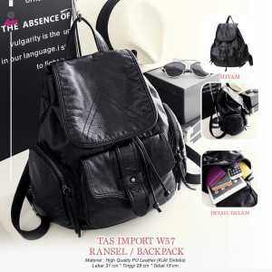 W56 Tas Import Model Ransel atau Backpack Bahan Kulit Sintetis Warna Hitam Minimalis dan Elegan