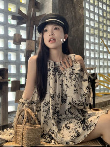 plus Size Womens Korean Style round Neck Shoulder Bared Shirt Slimming Watercolor Chiffon Trendy Top for Autumn Season