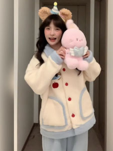 Korean Style Cute Dachshund Printed Pajamas Womens Autumn Winter Thickened Fleece Coral Velvet Warm Home Clothes Set