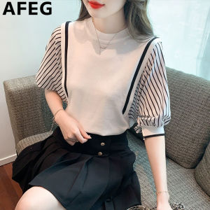 AFEG Korean crew-neck fashion loose knit patchwork striped bat short-sleeved blouse for women