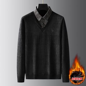Mens Knitted Fleece Lined Thickened Shirt Collar Sweater Two Piece Look Casual Wear Trendy Bottoming Shirt for Autumn Winter