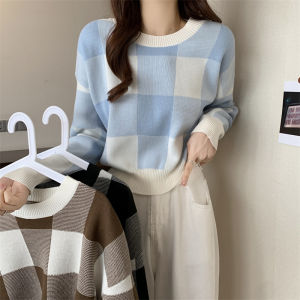 Wanita sweaters lengan panjang garis longgar atasan bulat leher pendek rajutan