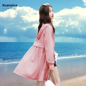 Womens Summer New Breathable Light Weight Long Sleeve Sun Protection Coat Korean Style Mid-Length Windbreaker Outdoor Wear