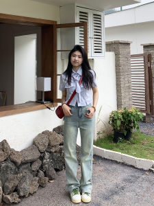 High Waist Narrow Version Floor Length Jeans Womens Cement Color Micro Flared Denim Pants Autumn Versatile High Waist Jeans