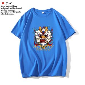 Loose Fit Cotton round Neck Short Sleeve T-Shirt Red Color for Men Dragon Year 2024 Chinese Culture Print Breathable Casual Top