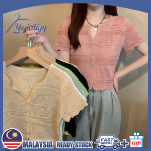 Malaysia stock Summer Korean Thin Knitted Cardigans V-neck Short-sleeved T-shirt Womens Hollow Thin All-match Gentle Short Tops COD