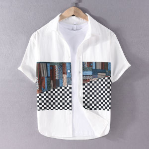 Summer Mens Plaid Patchwork Short Sleeve Cotton Casual Shirt Retro Design Color Block Trendy Half Sleeve Blouse for Youth