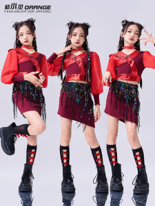 ชุดเต้นแจ๊สสไตล์ฮิปฮอปสำหรับเด็กผู้หญิง ชุดแฟชั่นฤดูใบไม้ร่วง สีแดง เทรนด์ใหม่ เทรนด์ใหม่ แฟชั่นเด็ก โชว์เด็ก ชุดการแสดง