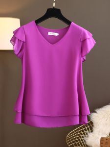 เสื้อเชิ้ตผ้าชีฟองแขนสั้นหลวมๆ สไตล์ลำลองสำหรับฤดูร้อน คอวี เสื้อคลุมหน้าท้อง เสื้อเชิ้ตคอกลมแบบลำลองสำหรับใส่ทำงาน