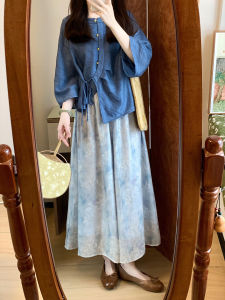 DANTING | New Chinese Style Blue Summer Loose Feel Petite Womens Blouse and Skirt Set