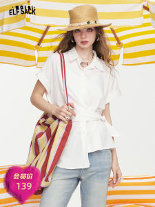 Elegant Commuter French Polo Neck Design Sense Twist Tie Short Sleeve Shirt Top Pure Color Open Cardigan Regular Length