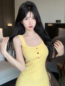 GUZILIAN | Summer Sweet Fashion Slim A-Line Dress Yellow Strap Knitted Dress Stylish Korean Version Commute Pure Desire Spicy Girl Wind