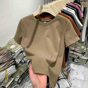 Áo Thun Cotton Màu Táo Hồng Phong Cách Hàn Quốc Mùa Hè Dáng Ôm Tay Ngắn Cổ Tròn Màu Trơn Thường Ngày Cho Nữ