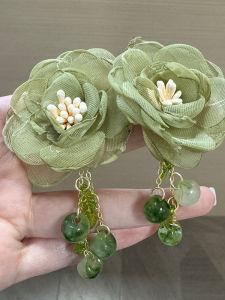 Green Lace Rose Flower Long Tassel Earrings New Style Luxury Sensation Ear Jewelry Design for Women Alloy Embedded Artificial Gemstones