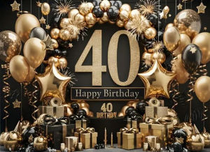 Black Gold Gift Box Star Foil Balloon Theme 40th Birthday Banner Backdrop Adult Birthday Party Decoration Photography Backdrop