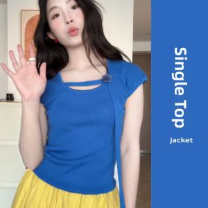 YUEZHONGWEI | Klein Blue Knitted Ice Silk Short Sleeve T-Shirt Womens Summer Slim Fit Dopaamine Top 3D Flower Decoration Commute Style