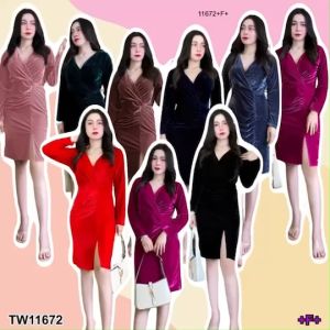 P11672 เดรสกํามะหยี่อกไขว้ cross-breasted velvet dress