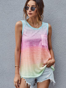 Summer New round Neck Sleeveless Loose Gradient Color Womens T-shirt Street Style Inner Wear Casual Thin Polyester Top