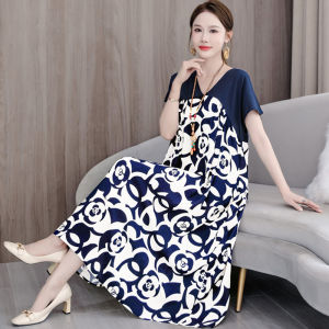ชุดนอนผ้าไหมคอตตอนสไตล์ใหม่สำหรับผู้หญิงวัยกลางคนและผู้สูงอายุ ทรงหลวม ลำลอง ไซส์ใหญ่ ชุดเดรสยาวปานกลาง แขนสั้น คอวี
