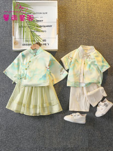 ชุดโบราณจีนสำหรับเด็กชายและเด็กหญิง ชุดการแสดงฤดูร้อน เสื้อผ้าเด็กสไตล์ชาติ ชุดเต้นรำแบบจีนโบราณ