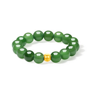 ZHOU LIU FU 周六福 18K Gold Rings Real Green Jade Beaded Rings Adjustable Stretch Ring Stackable 4mm Beads Natural Gemstone Healing Jewelry for Women Mom Daughter Birthday Party Y0114801 Y0114802